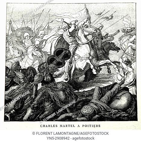 Gravure Charles Martel bataille de Poitiers, 732, battle, illustration