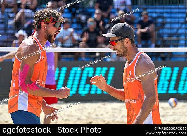 L-R Jiri Sedlak and Jan Dumek (CZE) in action during the Brno Beach Pro 2023 tournament, part of the Beach Pro Tour world series, Futures category, on August 27