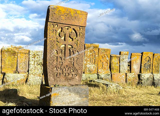 Medieval Khachkars carved memorial stele, Noratus cemetery, Lake Sevan, Gegharkunik province, Armenia, Caucasus, Middle East, Asia