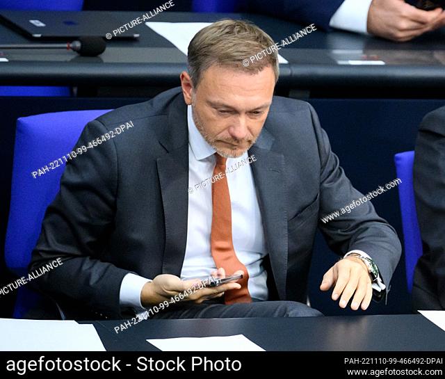 10 November 2022, Berlin: Christian Lindner (FDP), Federal Minister of Finance, sits in the plenary session in the German Bundestag