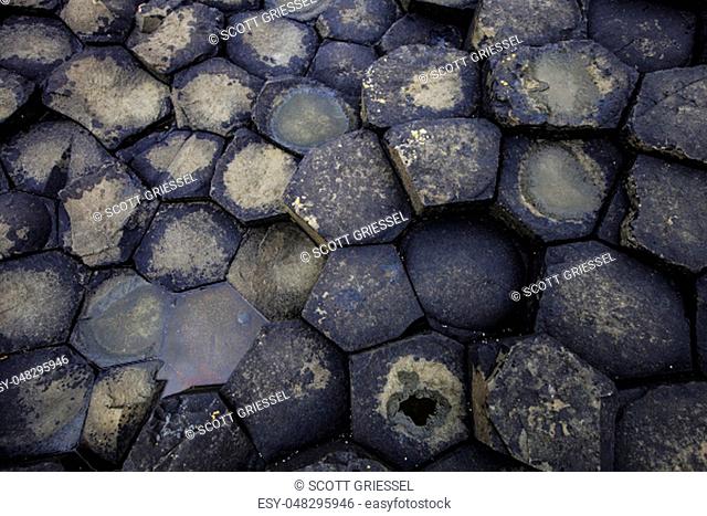 Hexagon shaped basalt forming the Giants Causeway in Northern Ireland