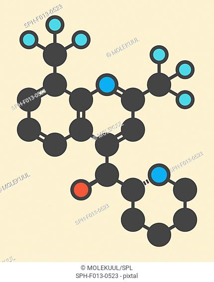 Mefloquine malaria drug molecule. Stylized skeletal formula (chemical structure). Atoms are shown as color-coded circles: hydrogen (hidden), carbon (grey)