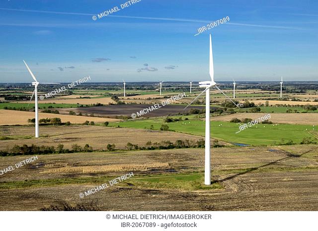 Aerial view, wind farm near Sprakebuell, North Friesland district, Schleswig-Holstein, Germany, Europe