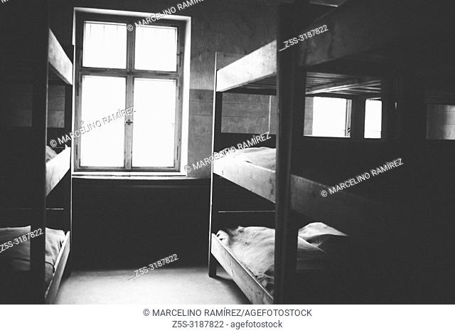 Auschwitz Nazi concentration and extermination camp. Bunk beds in barracks. Auschwitz, German-occupied, Poland, Europe