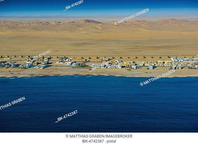 Aerial view, Dolfynstrand, district Langstrand, district of Walvis Bay, seaside resort, Namib Desert, Erongo region, Namibia