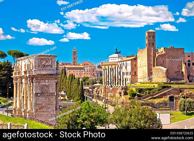 Historic Roman Forum in Rome scenic springtime view, Forum Romanum and Arch of Constantine, capital of Italy