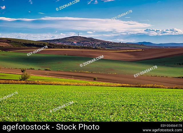 Panorama of autumn colored fields of Moravian Tuscany in South Moravia, Czechia