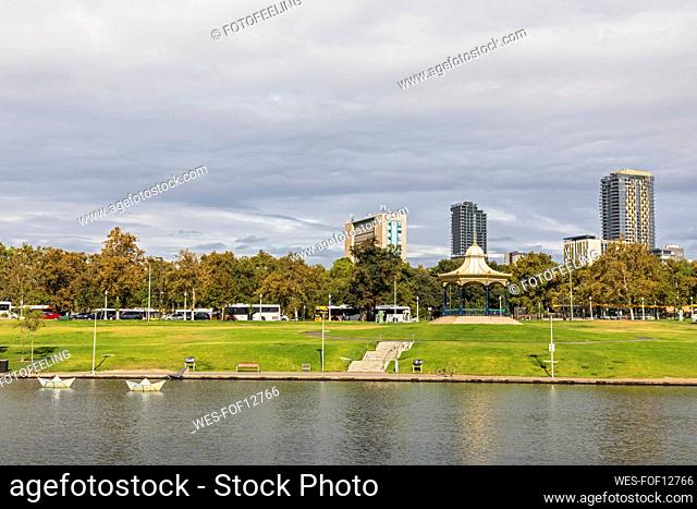 Australia, South Australia, Adelaide, Elder Park with city skyline in background