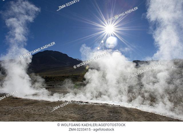 Steam rising from hot springs at El Tatio Geysers geothermic basin near San Pedro de Atacama in the Atacama Desert, northern Chile