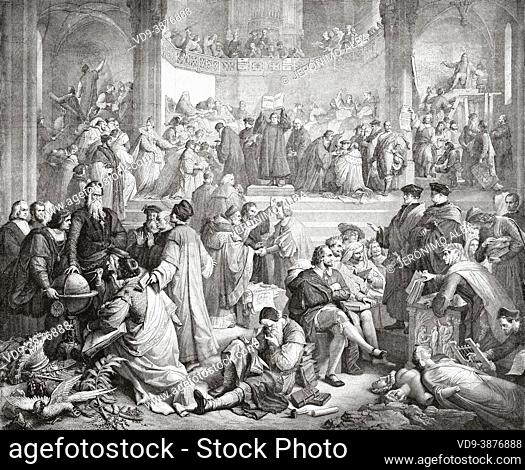 The Protestant Reformation, painting by Wilhelm von Kaulbach (1805-1874) was a German painter. Old 19th century engraved illustration from La Ilustración...