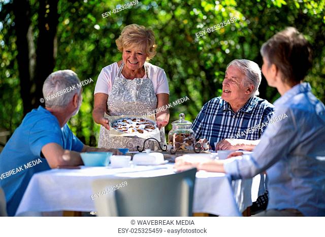 Senior couples having breakfast in garden