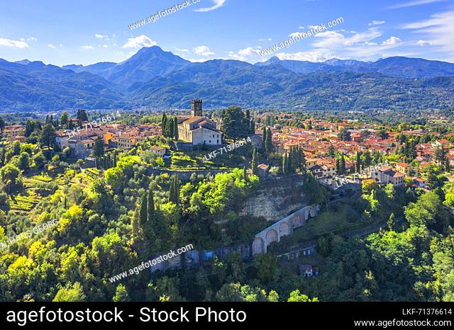 Aerial view of Barga in the Garfagnana Valley, Lucca Province, Toscana, Italy