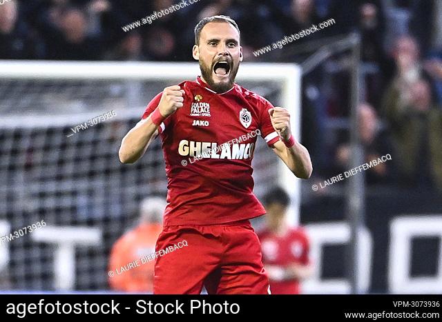 Antwerp's Birger Verstraete celebrates after winning a soccer game between Belgian team Royal Antwerp FC and Cyprus club Omonia Nicosia