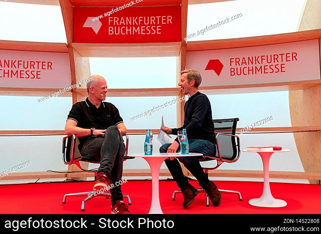 FRANKFURT AM MAIN, Germany - October 20 2019: Michael Kessler and Are Kalvø talking on stage at 71st Frankfurt Book Fair / Buchmesse Frankfurt