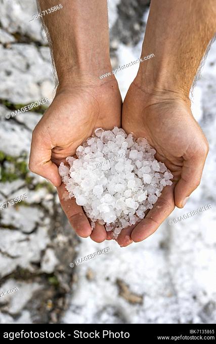 Two hands holding hailstones, hail, storm, Garmisch-Partenkirchen, Bavaria, Germany, Europe