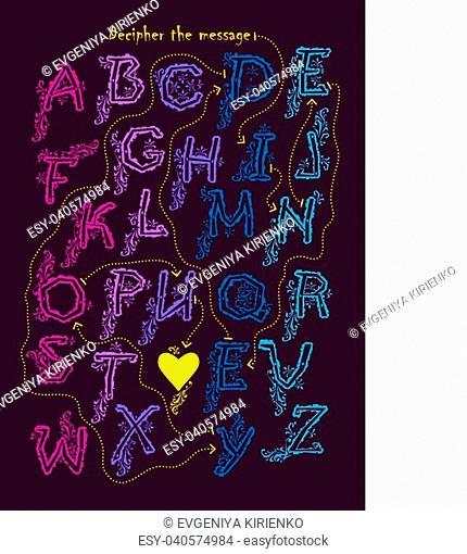 Artistic alphabet with encrypted romantic message - I need you. Purple and blue letters with graceful decor. Black background