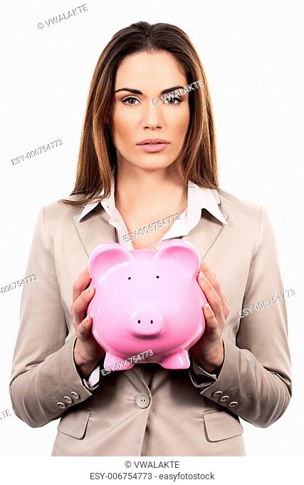 picture of beautiful woman with piggy bank on white background