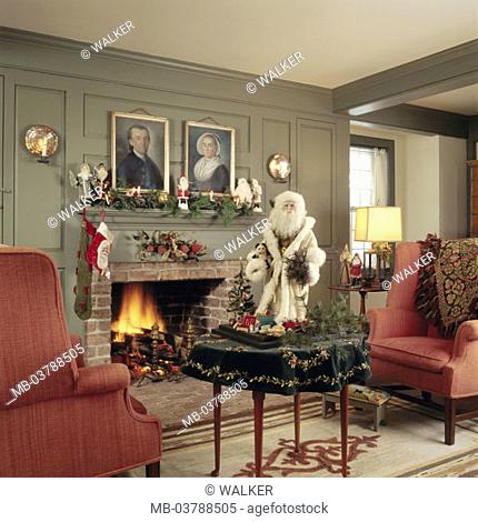 Living rooms, chimney fires,  Fief chairs, Weihnachtsdekoration,  Santa Claus Residential design, residential culture, equipment, interior, interior, furniture