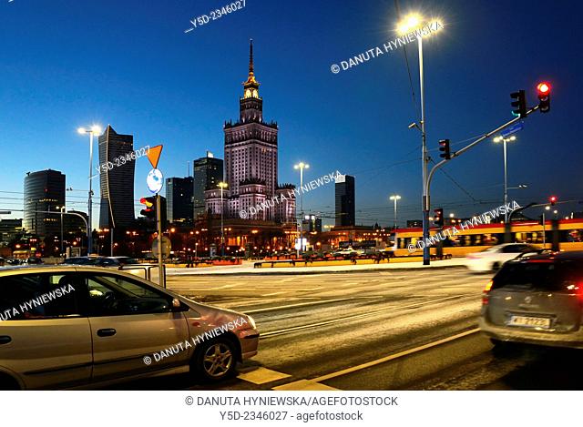 Crossing of Marszalkowska street and Aleje Jerozolimskie, Palace of Culture and Science in background, Warsaw, Poland