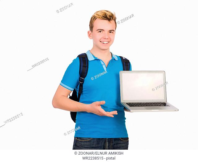 The student with laptop isolated on white