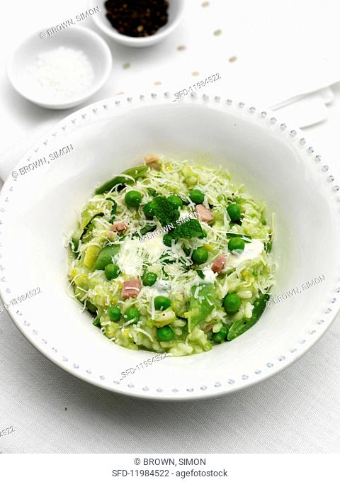 Pea risotto with Pancetta