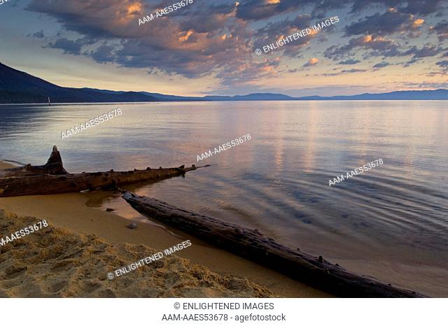 Driftwood and clouds at sunrise over calm water and sandy shoreline, Kiva Beach, South Shore of Lake Tahoe, California