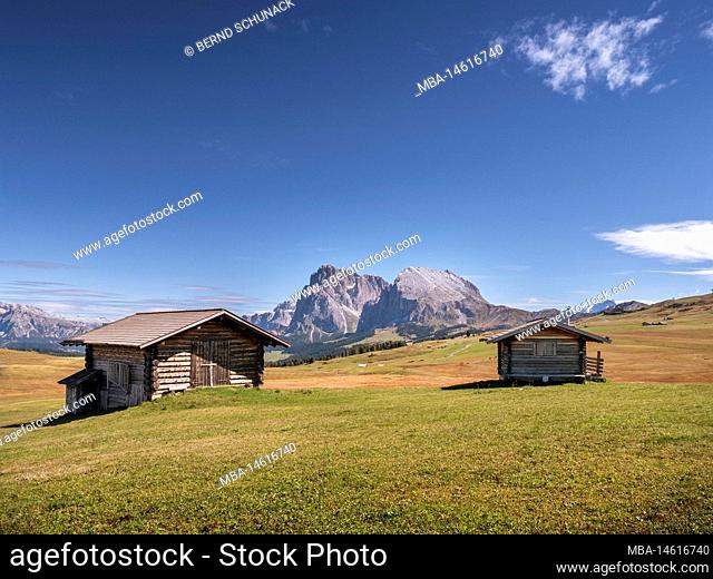 Two huts on the Alpe di Siusi with the Sassolungo group in the background