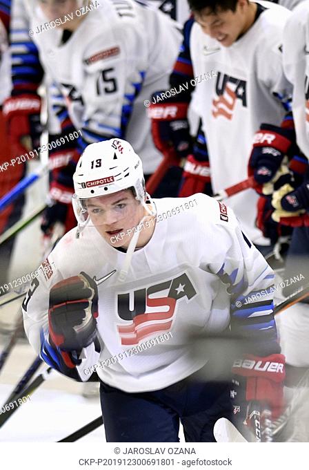 Cole Caufield the best player of USA celebrate a victory after the 2020 IIHF World Junior Ice Hockey Championships Group B match between USA and Czech Republic...