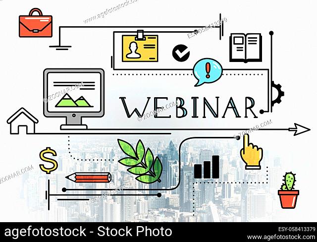 Internet webinar linear sketch on background of modern cityscape. E-learning and business training concept. Mind map webcast of educational content