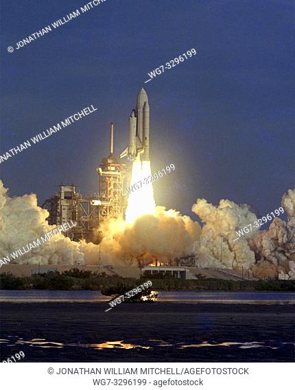 USA KENNEDY SPACE CENTER, FLA. -- 12 Apr 1981 -- STS-1: Columbia. The Space Shuttle rises majestically above Launch Complex 39's Pad A on the first leg of its...