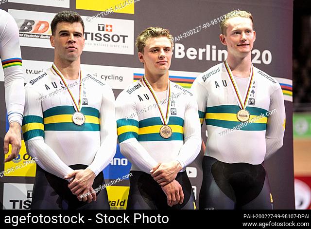 26 February 2020, Berlin: Cycling/track: World Championship, team sprint men, final: The team from Australia, Nathan Hart, Matthew Richardson and Thomas Cornish