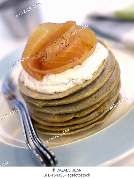 Wheat blinis with smoked salmon and cream cheese