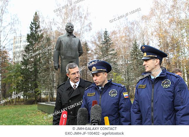 With the statue of Yuri Gagarin, the first human to fly in space, looming large in the background, the Expedition 30 crew members fielded questions from...