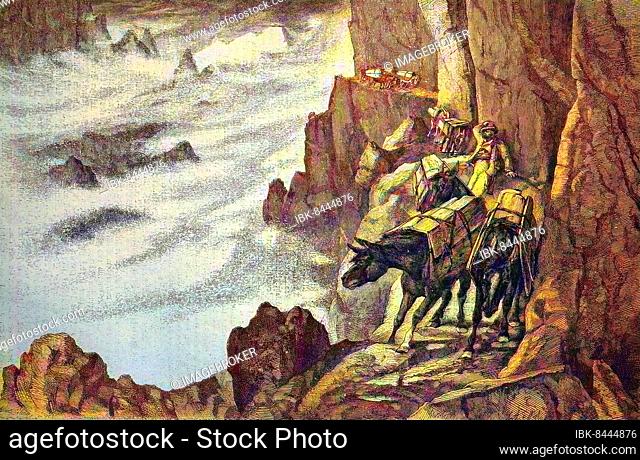 Smugglers in the mountains on a mule track, Italy, historical woodcut, circa 1870, digitally restored reproduction of an original 19th century print