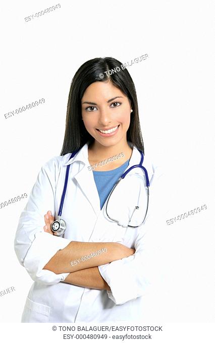 Berautiful brunette indian young happy doctor woman isolated on white