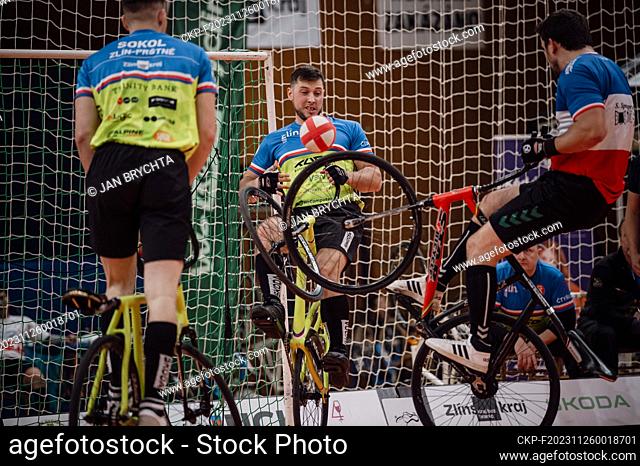 Cycleball Worldcup 2023 Final, Radek Adam (at goal), Tomas Horak (back left) of TJ Sokol Zlin 1 fight for fifth place with VC Dorlisheim (France), in Zlin