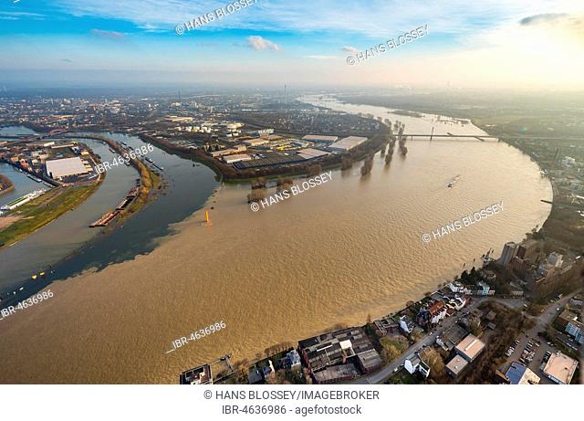 Flood on Rhine, Ruhr estuary into the Rhine, artwork Rheinorange, Duisburg, Ruhr Area, North Rhine-Westphalia, Germany