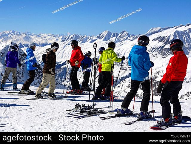 skiers, Eggishorn summit in winter, Bernese Alps, Jungfrau-Aletsch-Bietschhorn region, UNESCO World Heritage, canton Valais, Switzerland