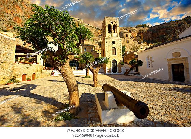 Monemvasia  eµßasa , main square of the lower town with the bell tower of the Byzantine IGreek Orthodox Church of Christ Elkomenos  Peloponnese, Greece