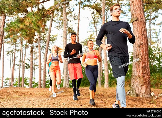 Junge Leute in einer Laufgruppe beim Ausdauer Training in der Natur im Wald