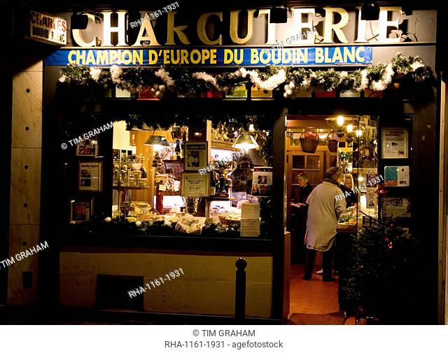 Charcuterie meat shop window in Rue Dauphine, Left Bank, Paris, France