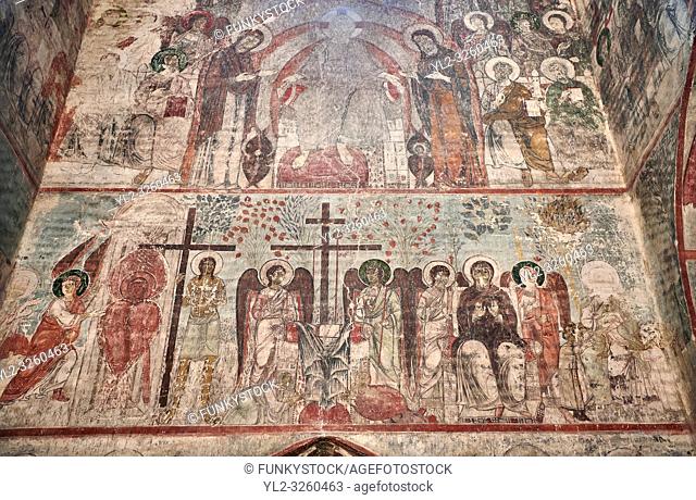 Pictures & imagse of the interior frescoes depicting the Assumption of the Virgin in the Timotesubani medieval Orthodox monastery Church of the Holy Dormition...