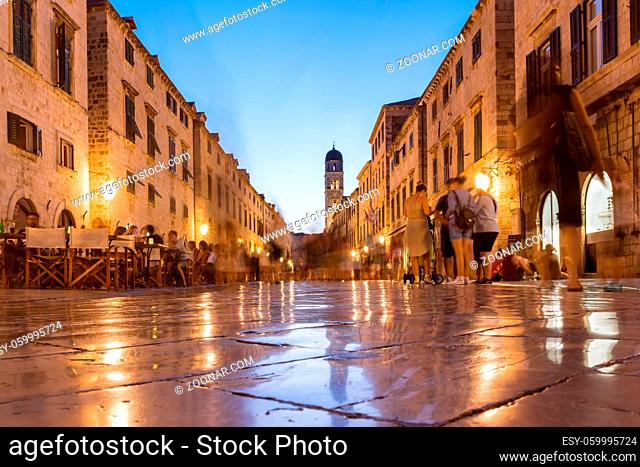 Dubrovnik Croatia City Center During Sunset Twilight Blue Hour Beautiful Cityscape Stradun Street