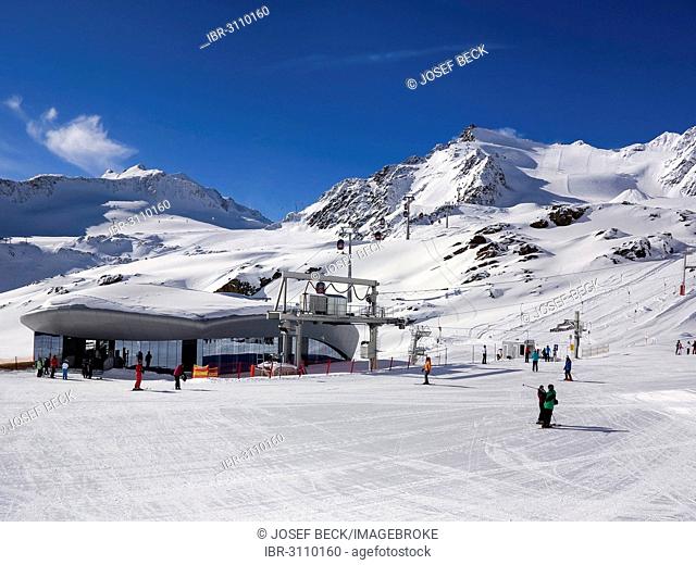 Pitztal Glacier, ski area, Wildspitzbahn gondola lift valley station, Brunnenkogel ski lift, Hinterer und Vorderer Brunnenkogel mountains, Wildspitze Mountain