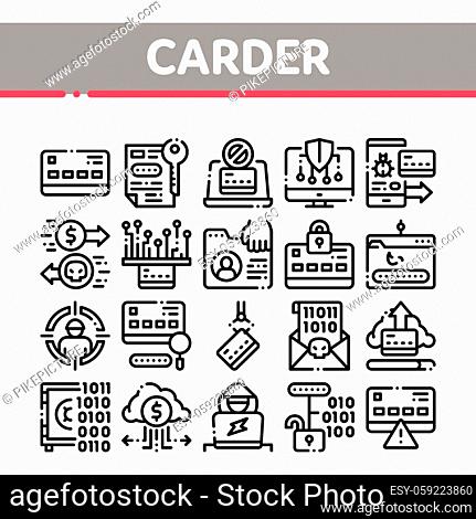 Carder Hacker Collection Elements Icons Set Vector Thin Line. Carder Silhouette And Smartphone, Bug And Fraud Virus, Laptop And Card Concept Linear Pictograms