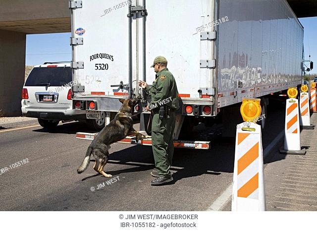 A US Border Patrol agent working with a dog at a checkpoint on Interstate 19, about 20 miles north of the Mexican border, Tubac, Arizona, USA