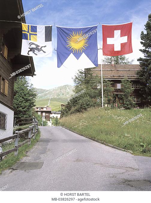 Switzerland, gray associations, Arosa,  Street, flags, gray associations, Arosa, Switzerland,  Swiss Alps, mountains, mountain village, Innerarosa, houses