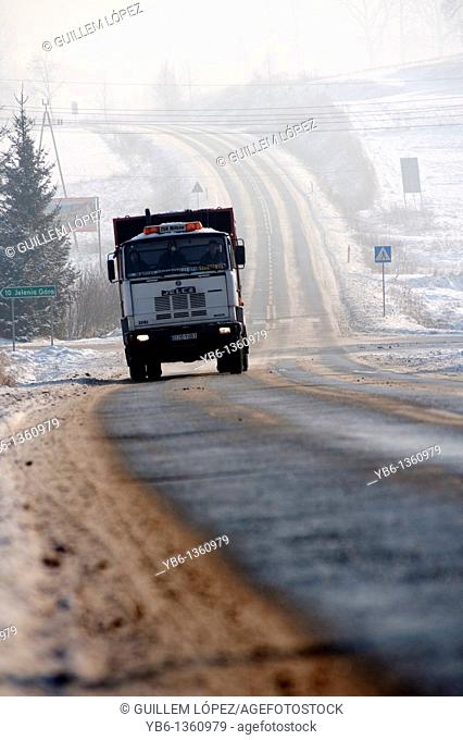 truck circulating on an icy road  Jelenia gora, Poland