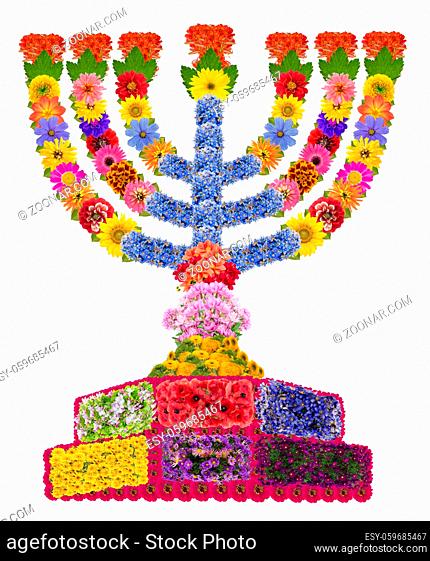 The menorah is described in the Bible as the seven-lamp lampstand and used as a symbol of Judaism. Isolated floral collage
