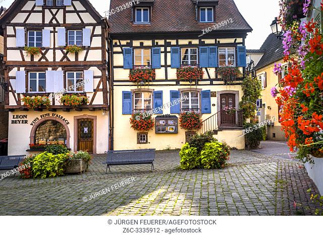 old village Eguisheim, Alsace, France, flowery timbered houses